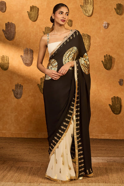 Black and ivory gota and foil printed sari set