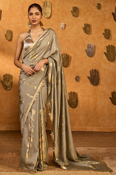 Claymelt grey ombré foil printed sari set