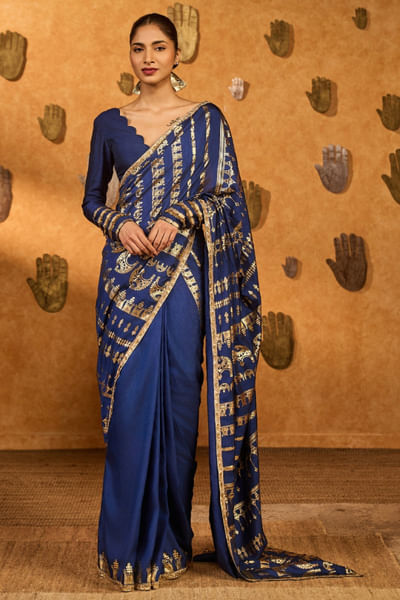 Blue foil printed sari set
