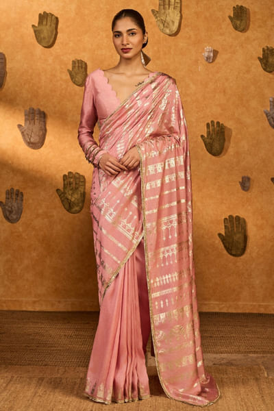 Champagne pink foil printed sari set