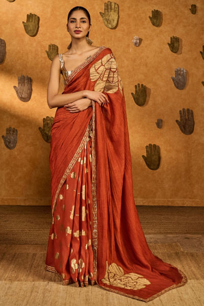Rust foil printed sari set