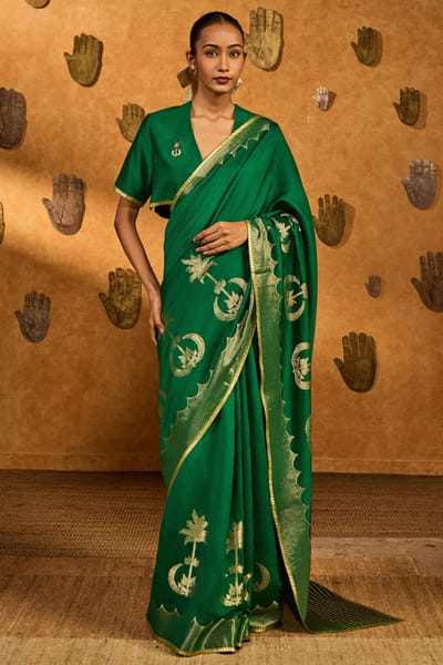 Green woven and embroidered sari set