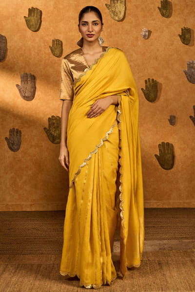 Yellow woven and embroidered sari set
