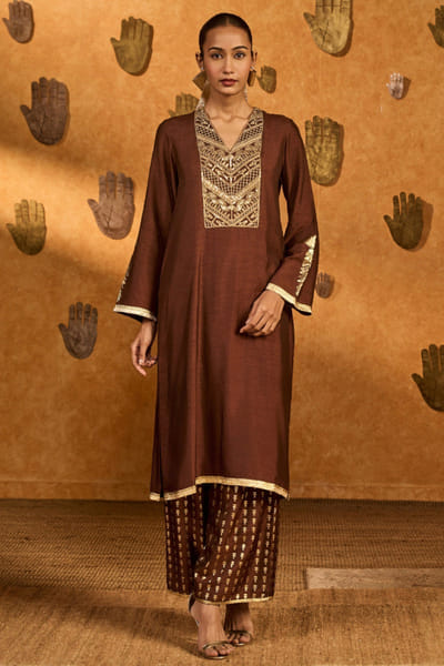 Brown embroidered kurta set