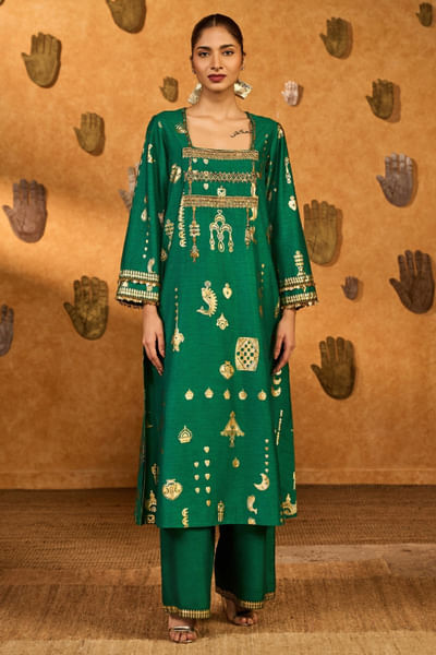 Green foil printed kurta set
