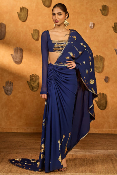 Sapphire blue ombré foil printed sari set