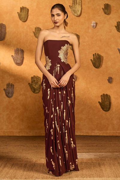 Plum cherry foil printed corset and skirt