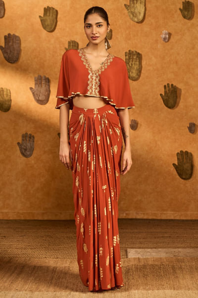 Rust printed draped skirt set