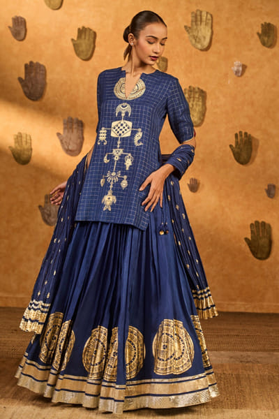 Sapphire blue foil printed kurta lehenga set