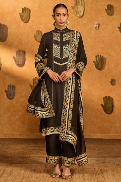 Black foil printed kurta set