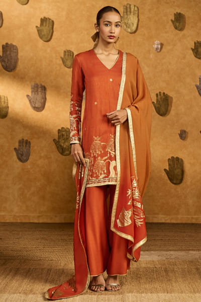 Rust gota and foil printed kurta set