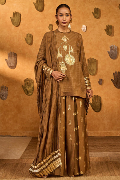 Brown foil printed sharara set
