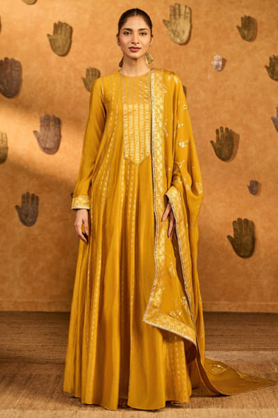 Ochre foil printed anarkali set