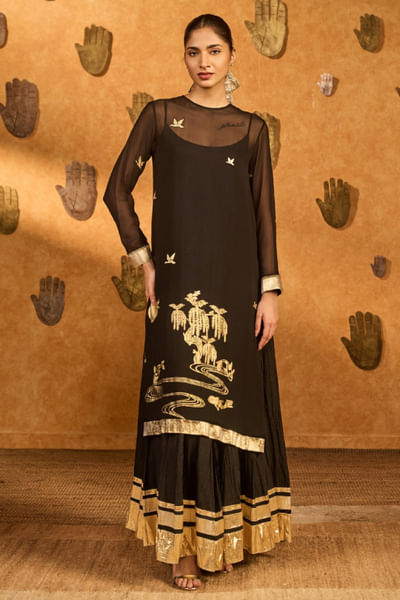 Black foil printed kurta anarkali set