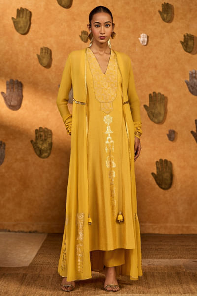 Ochre foil printed kurta set