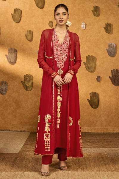 Red foil printed kurta set