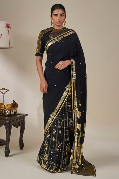 Masaba Black foil print embroidered sari MASAAUG26D151227
