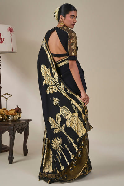 Masaba Black foil print embroidered sari MASAAUG26D151227