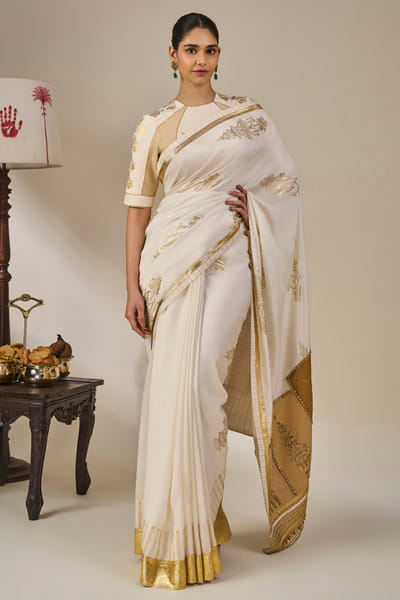 Masaba Ivory-gold striped gota embroidered sari MASAAUG26D151228