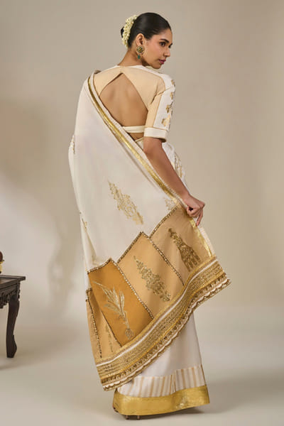 Masaba Ivory-gold striped gota embroidered sari MASAAUG26D151228
