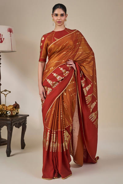Masaba Rust-orange foil print gota embroidered sari MASAAUG26D151229