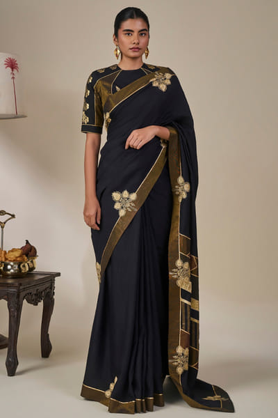 Masaba Black-gold stripe printed gota patchwork sari MASAAUG26D151230