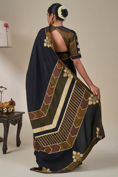 Masaba Black-gold stripe printed gota patchwork sari MASAAUG26D151230