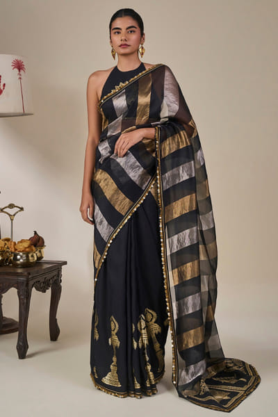 Masaba Black foil print embroidered striped sari MASAAUG26D151231