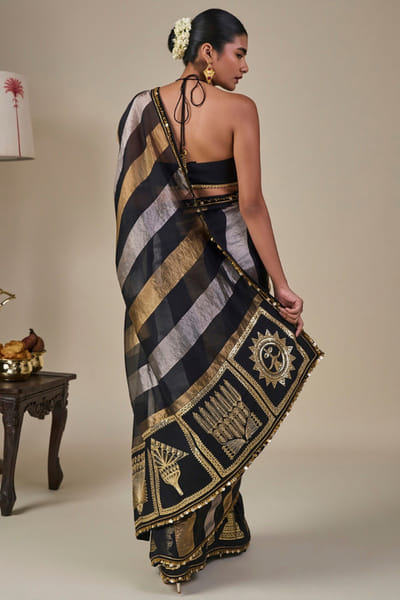Masaba Black foil print embroidered striped sari MASAAUG26D151231