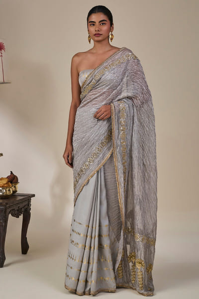 Masaba Grey hand embroidered crushed foil border sari MASAAUG26D151232