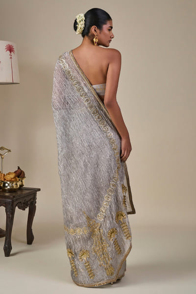 Masaba Grey hand embroidered crushed foil border sari MASAAUG26D151232