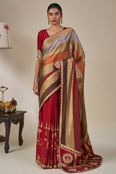 Masaba Red metallic stripe printed embroidered sari MASAAUG26D151233