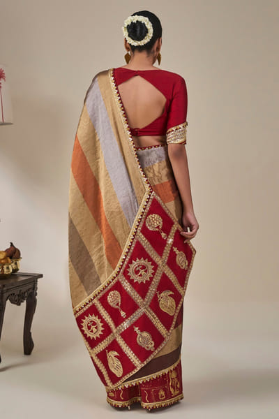 Masaba Red metallic stripe printed embroidered sari MASAAUG26D151233