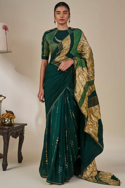 Masaba Bottle green foil print gota patchwork sari MASAAUG26D151226