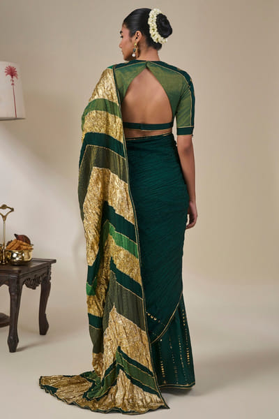 Masaba Bottle green foil print gota patchwork sari MASAAUG26D151226