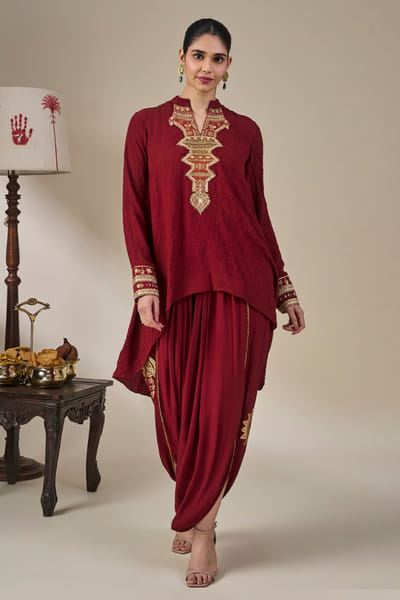 Masaba Maroon embroidered asymmetric co-ord set MASAAUG26D151217