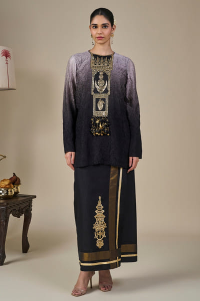 Masaba Black ombre embroidered short kurta set MASAAUG26D151218