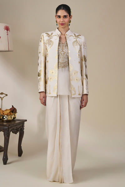 Masaba Ivory applique embellished draped skirt set MASAAUG26D151236