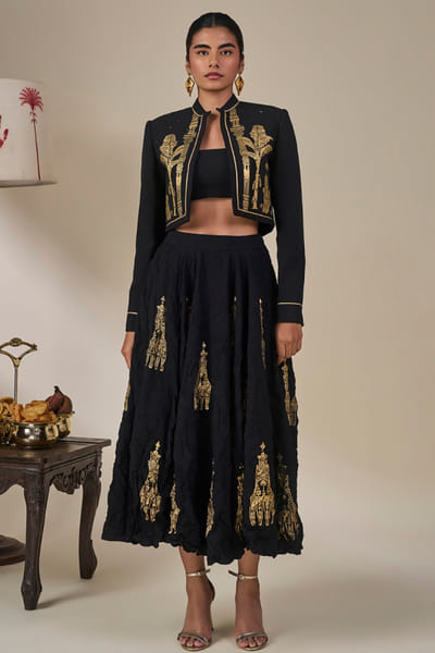 Masaba Black foil print embroidered flared skirt set MASAAUG26D151237