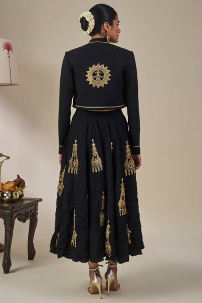 Masaba Black foil print embroidered flared skirt set MASAAUG26D151237