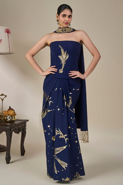 Masaba Blue embroidered printed foil print skirt set MASAAUG26D151205