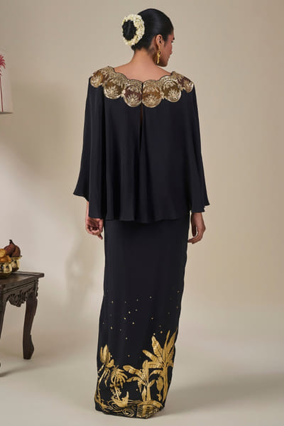 Masaba Black embroidered printed foil print skirt set MASAAUG26D151206