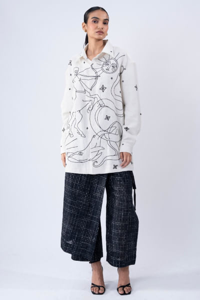 Black dobby weave unisex wrap around trousers