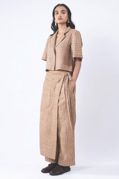 Subtle Shuttle Studio Beige khadi silk and linen dobby pants SUBTJUN26D146459