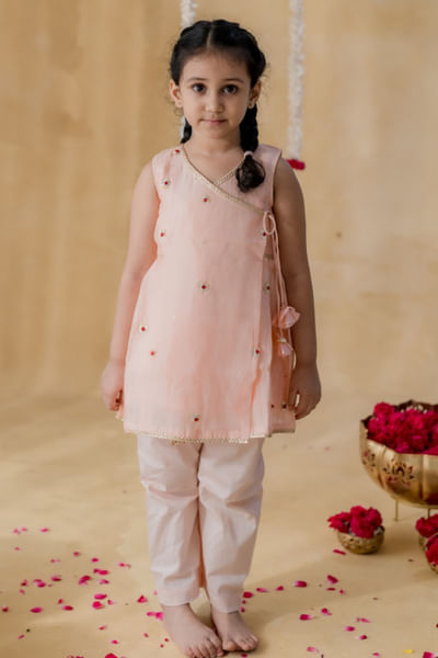 Peach gota embroidered angrakha kurta set