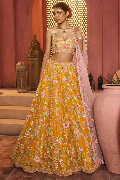 Yellow sequin embroidered lehenga set