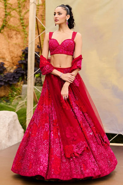 Red floral embroidery lehenga set