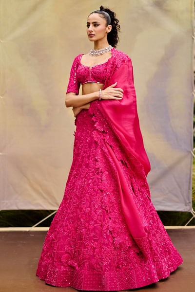 Fuchsia floral embroidered lehenga set