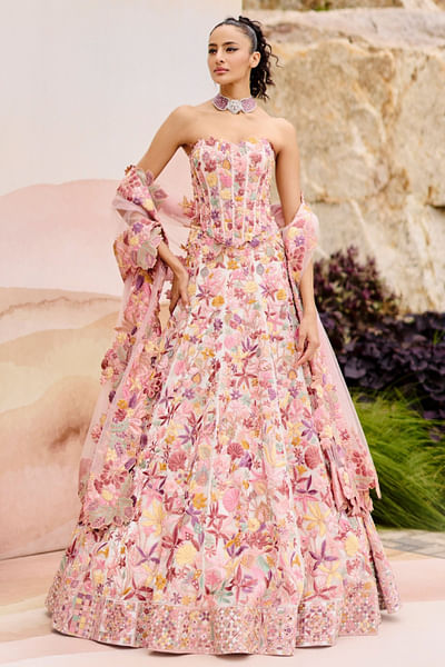 Pearl floral applique corset lehenga set