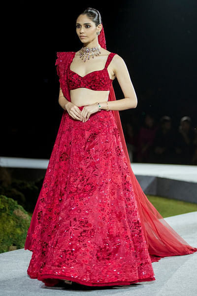 Red tonal floral embroidered lehenga set